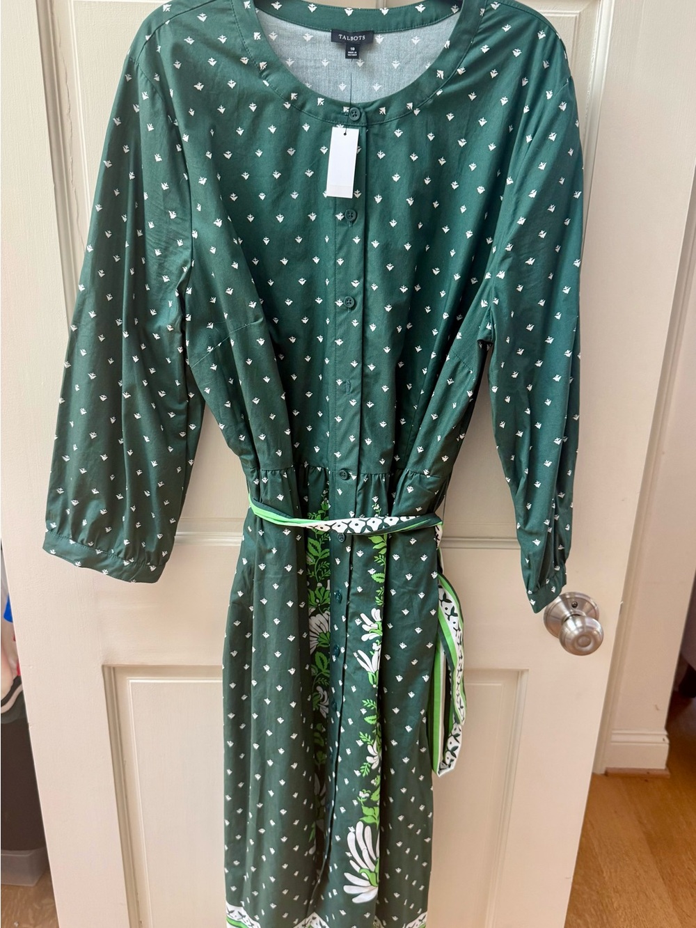Talbots Dark Green Printed Button-Front Dress with Floral Sash